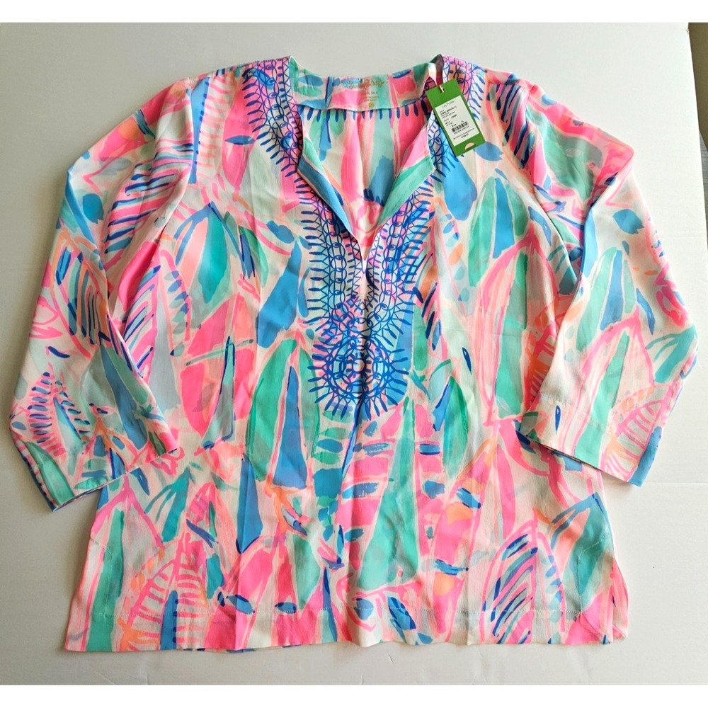 LILLY PULITZER Amelia Island Tunic Out to Sea 100% Silk Blouse Top NWT SIZE XL - Picture 2 of 14